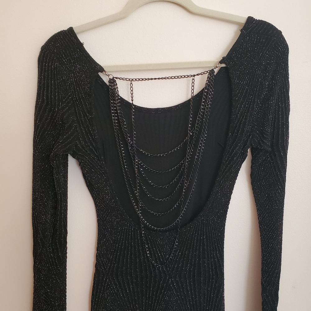 Sexy open back shimmer black dress with chains